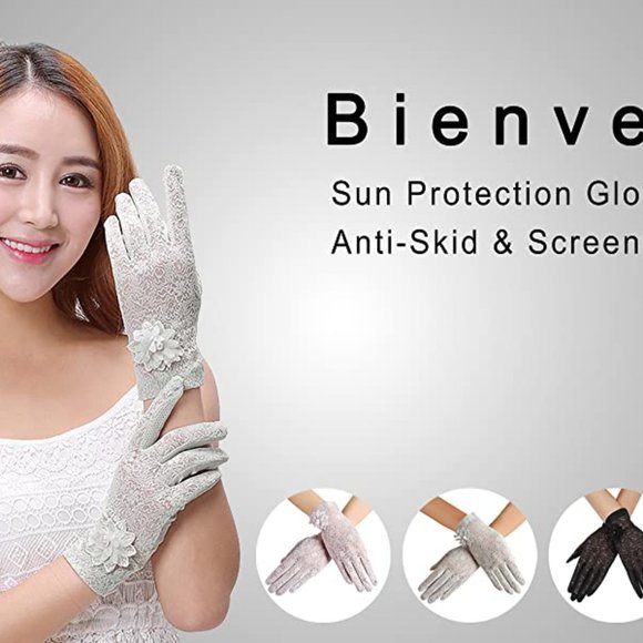 Grey Lace, Summer Wedding Driving Touch Screen Gloves, Flower Detail. Medium - Picture 2 of 9